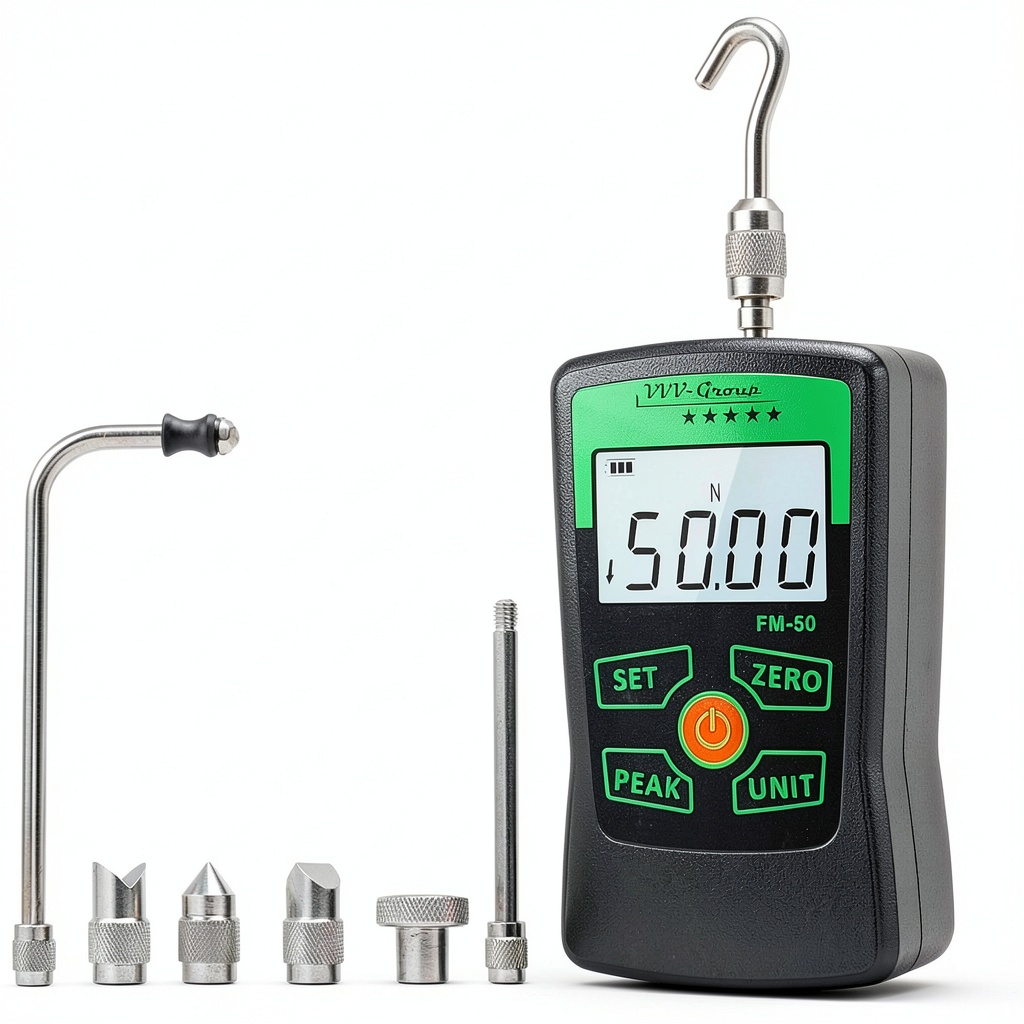 VVV-Group FM-50 digital force gauge displaying force measurement on screen