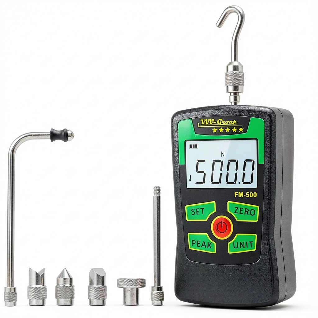 VVV-Group FM-5 digital force gauge displaying force measurement on screen