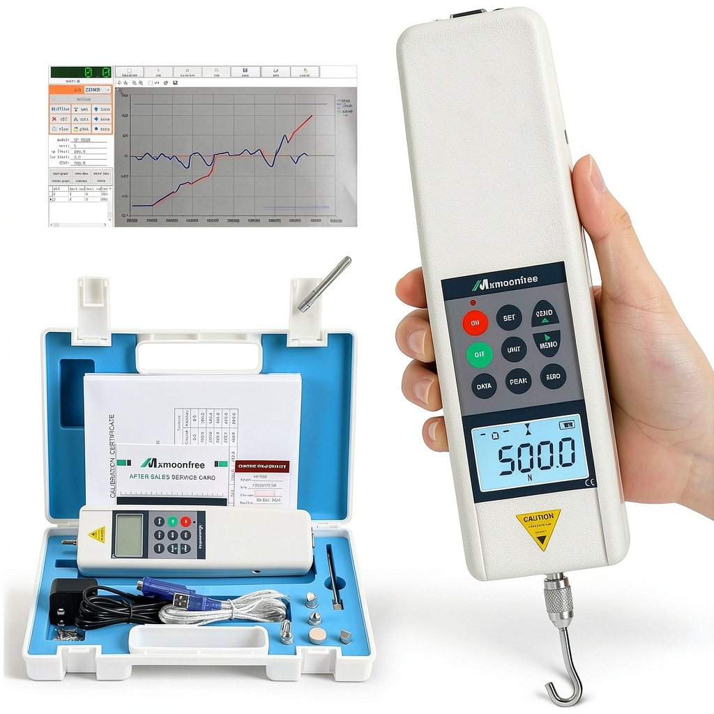 Mxmoonfree Digital Force Gauge 500N with test accessories on a workbench