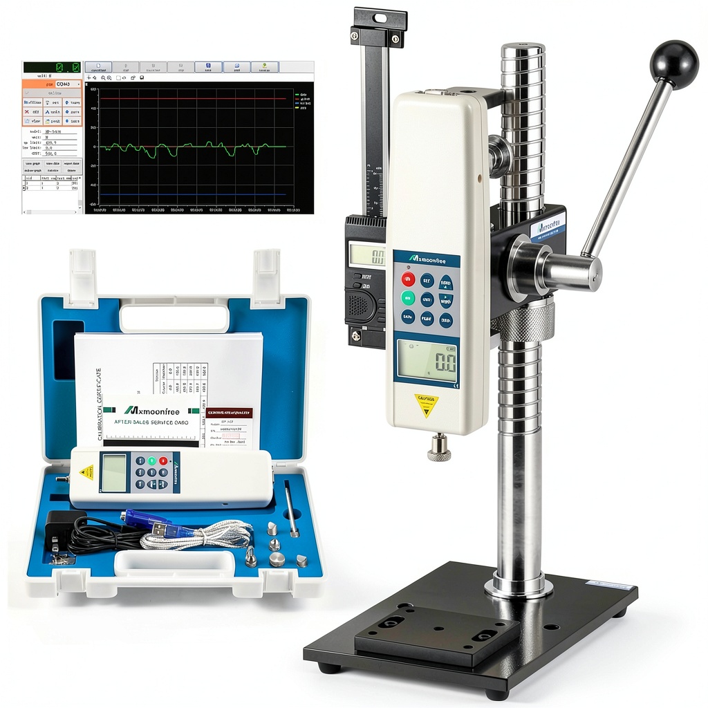 'Mxmoonfree force gauge stand with digital displacement scale in a lab setting'