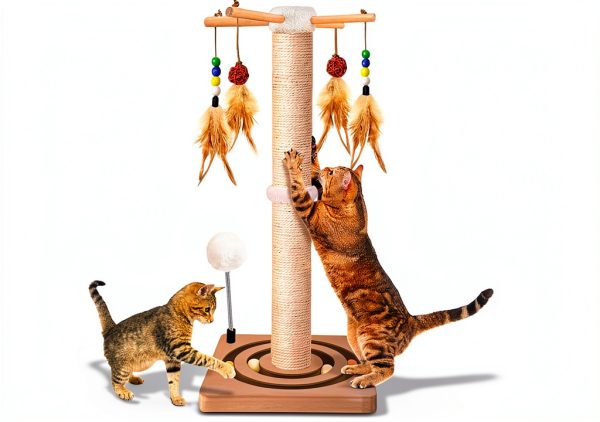 Cat Scratching Post, Sisal, Interactive Furniture Toys for Indoor Cats Adults, 2 Mounting Methods Scratcher Tree Tower with Hanging and Ball Track, Activity Center for Kitten, 25 inches-0