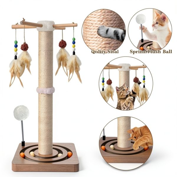 Cat Scratching Post, Sisal, Interactive Furniture Toys for Indoor Cats Adults, 2 Mounting Methods Scratcher Tree Tower with Hanging and Ball Track, Activity Center for Kitten, 25 inches-2